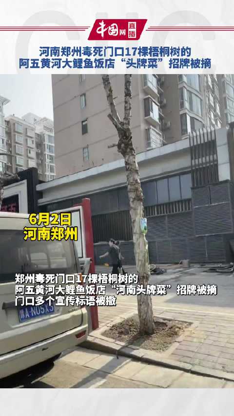 6月2日,河南郑州毒死门口17棵梧桐树的阿五黄河大鲤鱼饭店“河南头牌菜”招牌被摘,门口多个