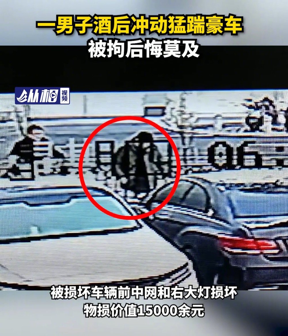 【#男子酒后冲动猛踹豪车被拘#】近日,上海奉贤公安分局奉浦派出所接到群众报警,称其停放于路