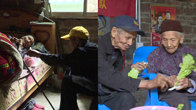 【相濡以沫的爱情!106岁爷爷给102岁妻子买生日蛋糕】广西忻城,蓝爷爷今年106岁,在老