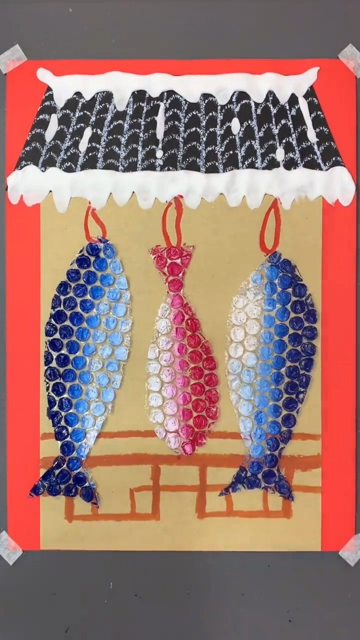 【儿童手工画】——新年晒腊鱼#小雪节气# ,很多人家都开始腌制腊肉、腊鱼了。无腊味,不年味