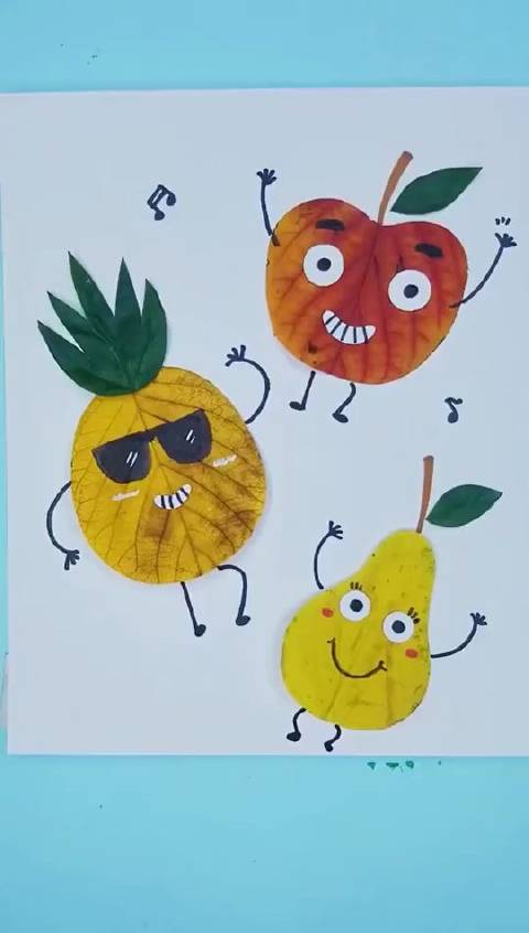 #都来耍#周末在家用落叶做一个水果派对拼贴画吧,非常的好玩有趣哦～(来源:手工DIY创意)