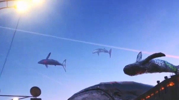 Ins艺术家Brickspacer创作的特效视频,画着涂鸦的巨大鲸鱼在天空中飞翔,真的太震