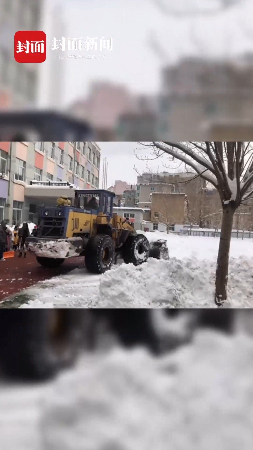 【连日大雪致学校停课 辽宁一家长开铲车到学校扫雪】11月9日,辽宁鞍山。连日大雪致学校停课