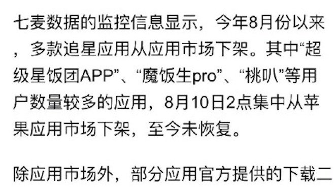 【#多款追星应用下架#】据证券时报报道,近日,多款用户数量较高的追星应用被集中下架,部分未