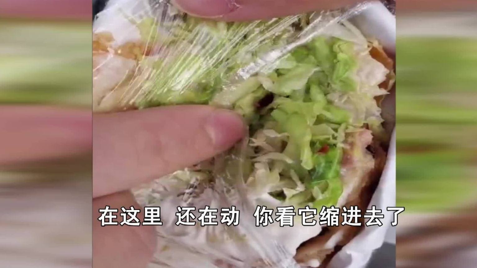 #煎饼刚吃一半居然爬出条虫子#【煎饼里吃出爬虫 消费者投诉“煎饼荟”太嚣张】 吃了一半的煎